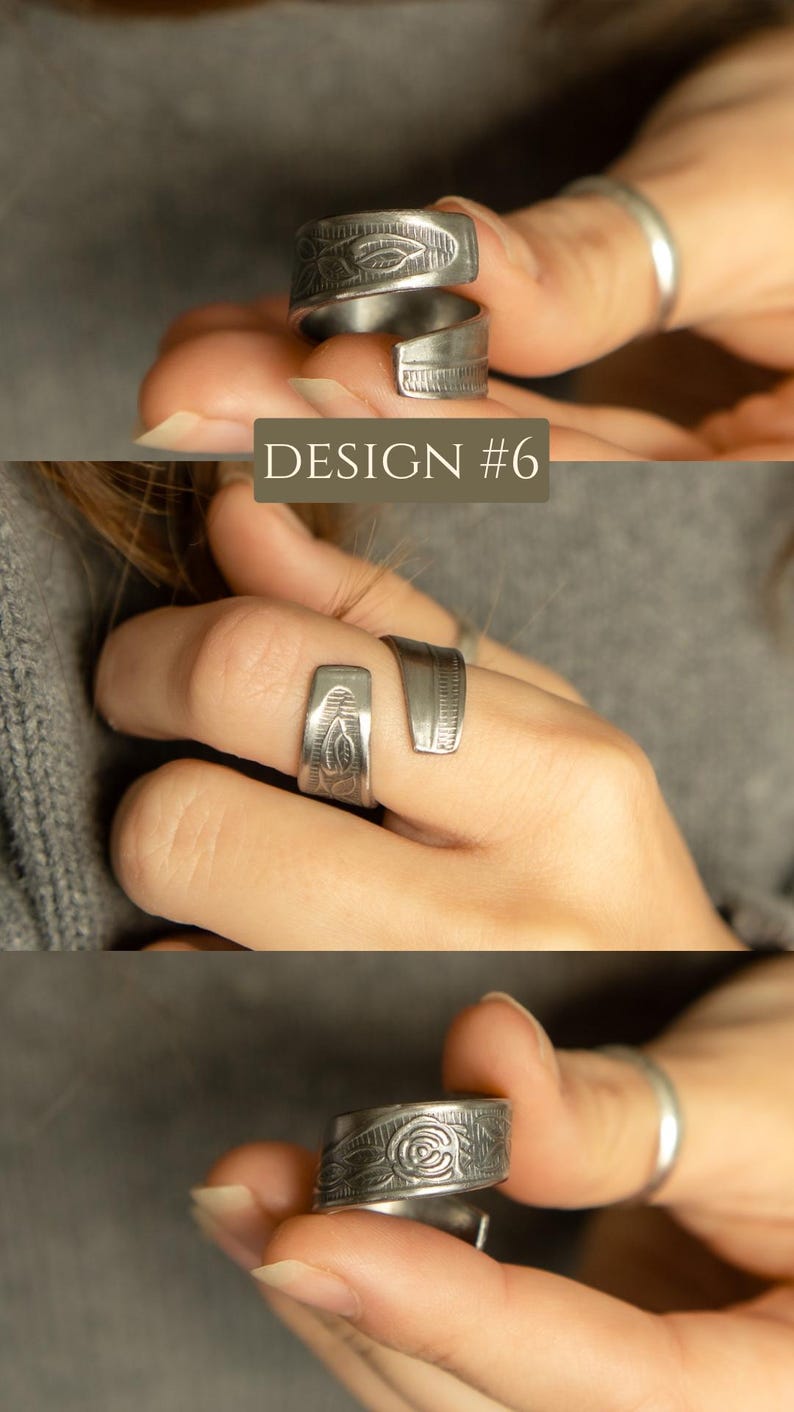 May include: A silver ring made from a spoon with a floral design. The ring is wrapped around the finger and is shown on a model's hand.