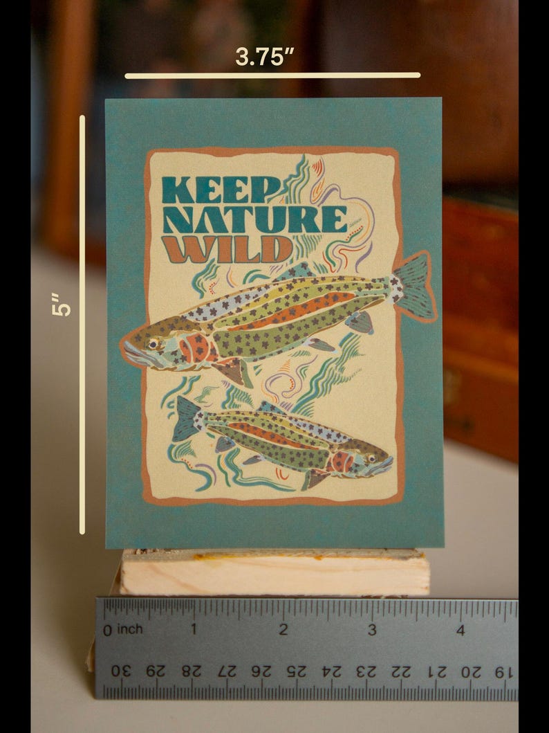 May include: A teal blue card with a tan border featuring two trout fish with black star patterns. The text "KEEP NATURE WILD" is in a retro font.