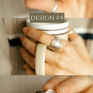May include: Three close-up images of a silver ring made from a repurposed spoon. The ring has a textured design and a flat, wide band. The text "DESIGN #4" is visible in the middle image.