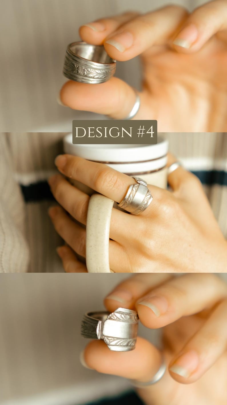 May include: Three close-up images of a silver ring made from a repurposed spoon. The ring has a textured design and a flat, wide band. The text "DESIGN #4" is visible in the middle image.