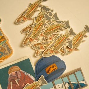 May include: A collection of colorful stickers featuring a variety of designs, including a walrus, a mountain scene, a blue beanie with a mountain logo, and a series of trout fish. The stickers are perfect for adding a touch of nature to your belongings.