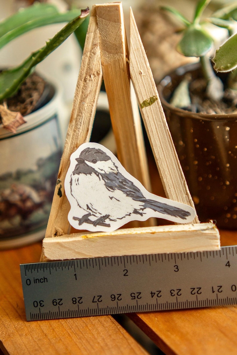 Peut inclure: Un autocollant d'un oiseau m&eacute;sange est pr&eacute;sent&eacute; sur un petit chevalet en bois. L'oiseau est blanc avec des marques grises et noires. Une r&egrave;gle m&eacute;tallique avec des mesures en pouces est plac&eacute;e devant le chevalet.