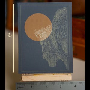 May include: A 5 inch by 3.75 inch print of a minimalist abstract design featuring a large, orange circle and a green, organic shape on a dark blue background.