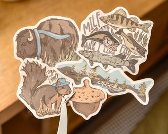 Nature Inspired Sticker Pack | Waterproof Earthy Stickers | Bison | Fish | Squirrel | Acorn