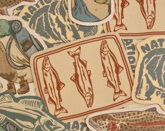 Stickerpakket voor buiten | Weerbestendige reis-/nomade-/mueslistickers | Geïnspireerd door vis en natuur | Stickers waterflessen