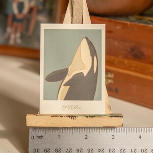 May include: A print of an orca whale with a white and grey colour scheme. The print is on a light blue background and has the word "orca" written in white cursive below the image.