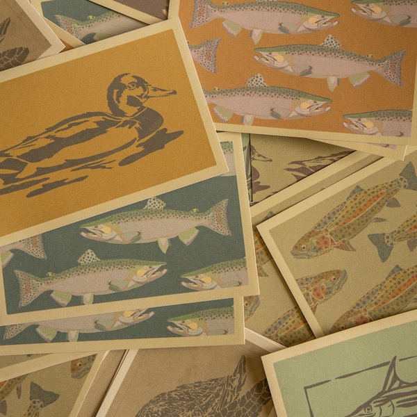 Vintage geïnspireerde vis-/eendenafdrukken | Forel | Zalm | Wilde eend | 74 pond karton | Outdoor, mueslimeisje, geïnspireerd op de natuur