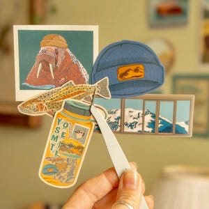 Outdoorsy Sticker Pack | Weatherproof Travel/Nomad/Granola Stickers | Walrus | Rainbow Trout | Beanie | Water Bottle Stickers