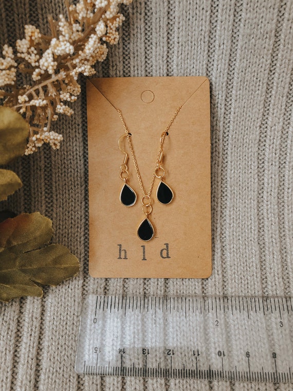 black teardrop earrings necklace set hypoallergenic hooks gold jewelry