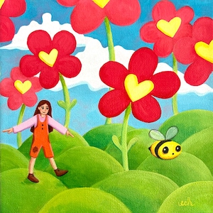 May include: A whimsical painting depicts a young person in orange overalls walking through a field of oversized red flowers with yellow heart-shaped centers. A cartoon bee flies nearby, with green hills and a blue sky with clouds in the background.