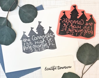 CUSTOM ADDRESS hand carved rubber stamp - hand made address stamp - castle rubber stamp - card rubber stamp - custom rubber stamp - wedding