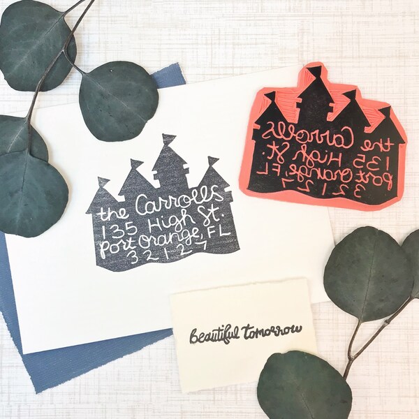 CUSTOM ADDRESS hand carved rubber stamp - hand made address stamp - castle rubber stamp - card rubber stamp - custom rubber stamp - wedding