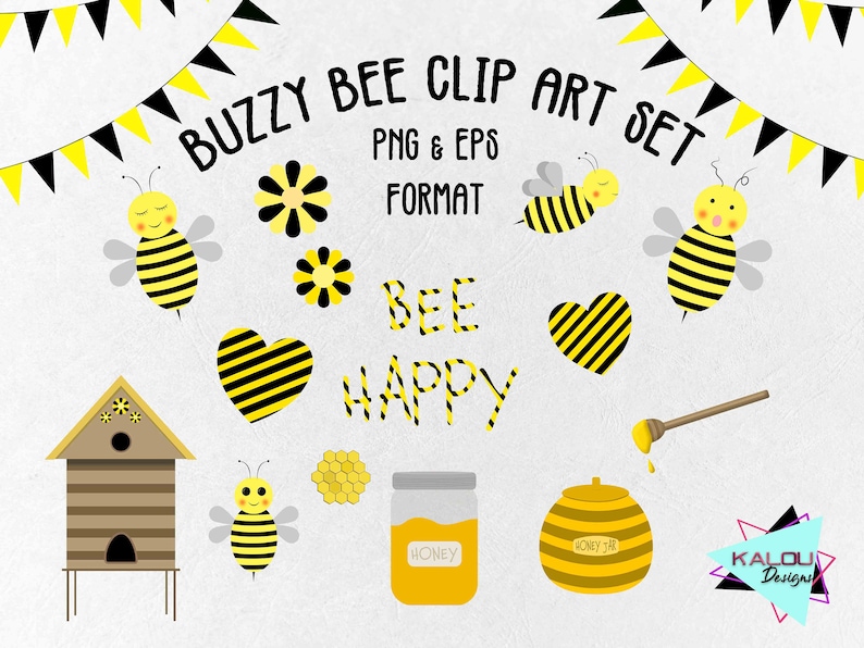 Separate Png and EPS Files Instant Download Commercial Use OK. High Resolution 300ppi Buzzy Bee Clip Art Set