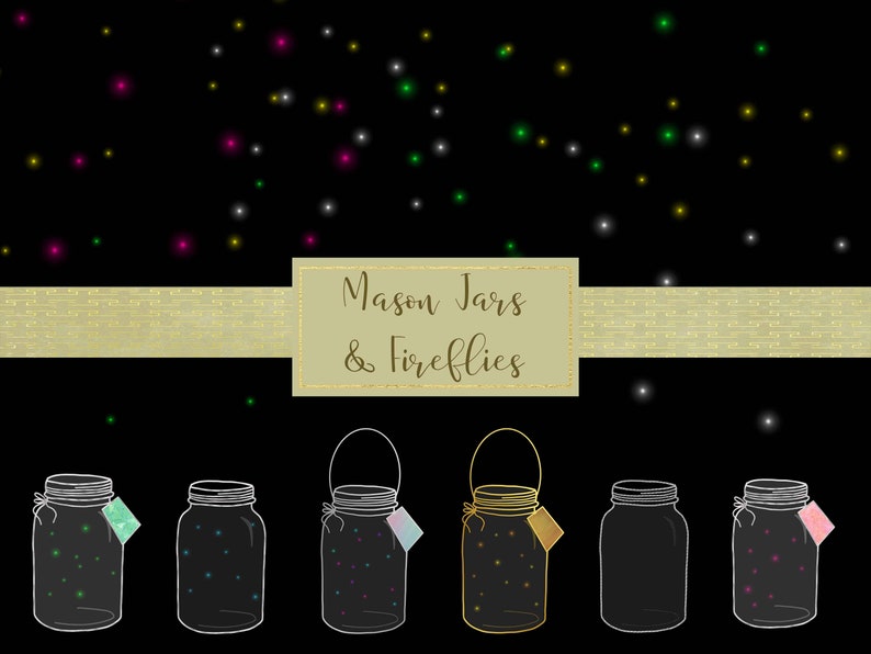 Mason Jars /& Fireflies Clip Art High Resolution Separate PNG Files Instant Download Commercial Use OK.