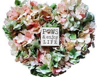 Dog Mom Wreath, Mother's Day Wreath for Pet Owner, Wreath with Paws, Beautiful Wreaths for Cat Mama, Pink and Green Hydrangeas, Gift for Her