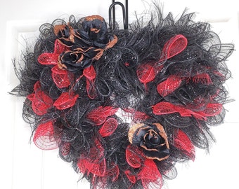 Valentine Wreath for Front Door, Black and Red Heart Wreath, Gifts Valentine's Day for Doors, Elegant Halloween Wreath, Valentine's Day Gift