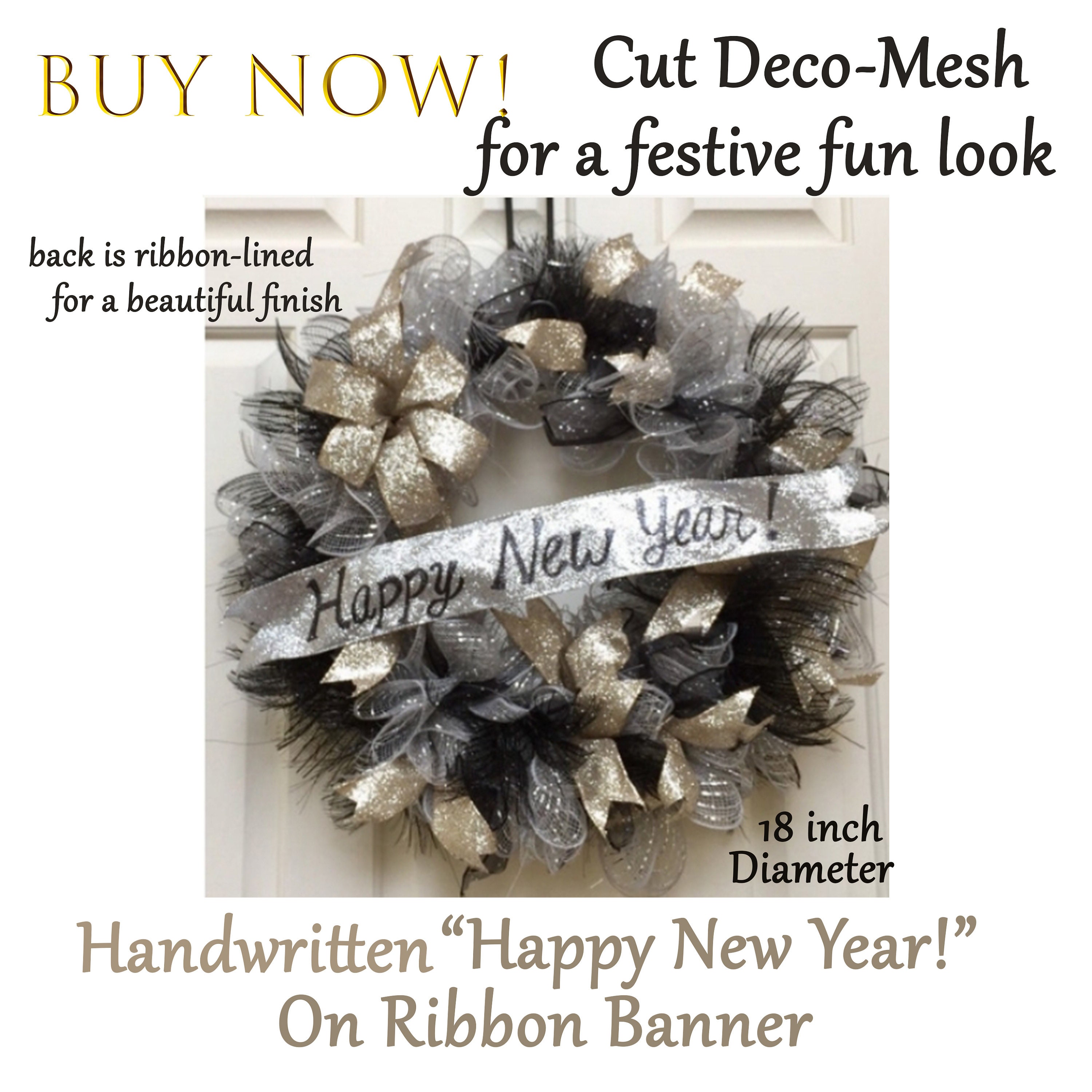 New Years Wreath, New Year's Eve Party Decoration, Silver Black