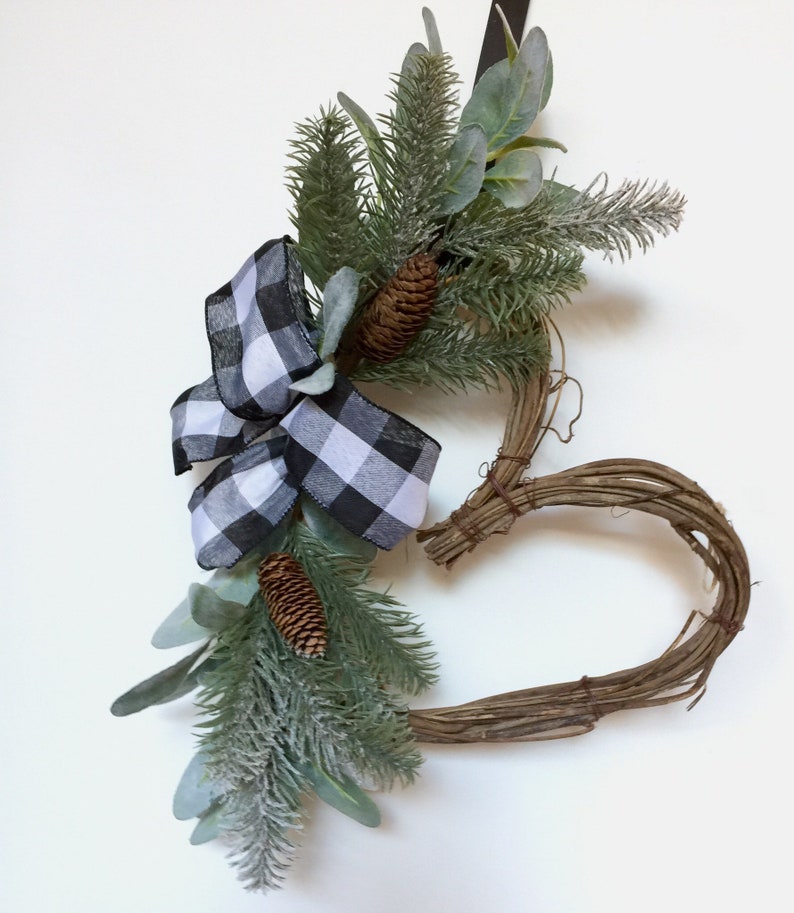 Heart Shaped Gift with Plaid and Pine Cones~Farmhouse style front door wreath with lambs ear~ Buffalo check black and white