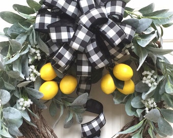 Lemon Wreath with Lambs Ear Greenery and Black and White Buffalo Plaid Bow
