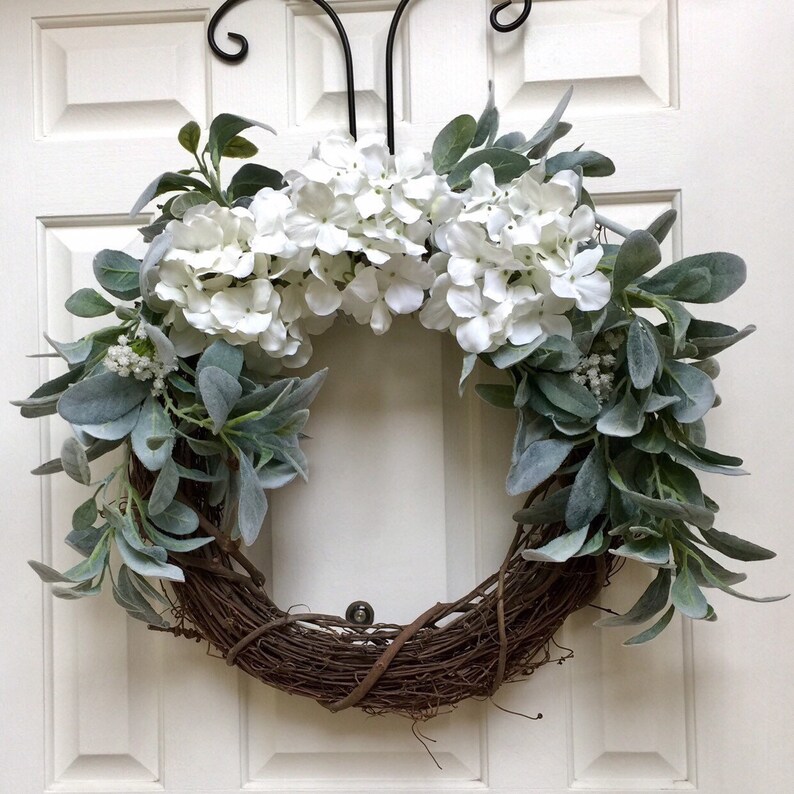 Mother/'s Day Gift White Hydrangea and Lambs Ear Greenery Wreath for the Front Door Lambs Ear White Flowers Lambs Ear Hydrangea Wreath