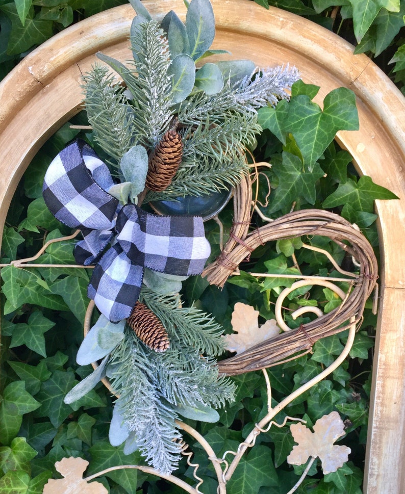 Heart Shaped Gift with Plaid and Pine Cones~Farmhouse style front door wreath with lambs ear~ Buffalo check black and white