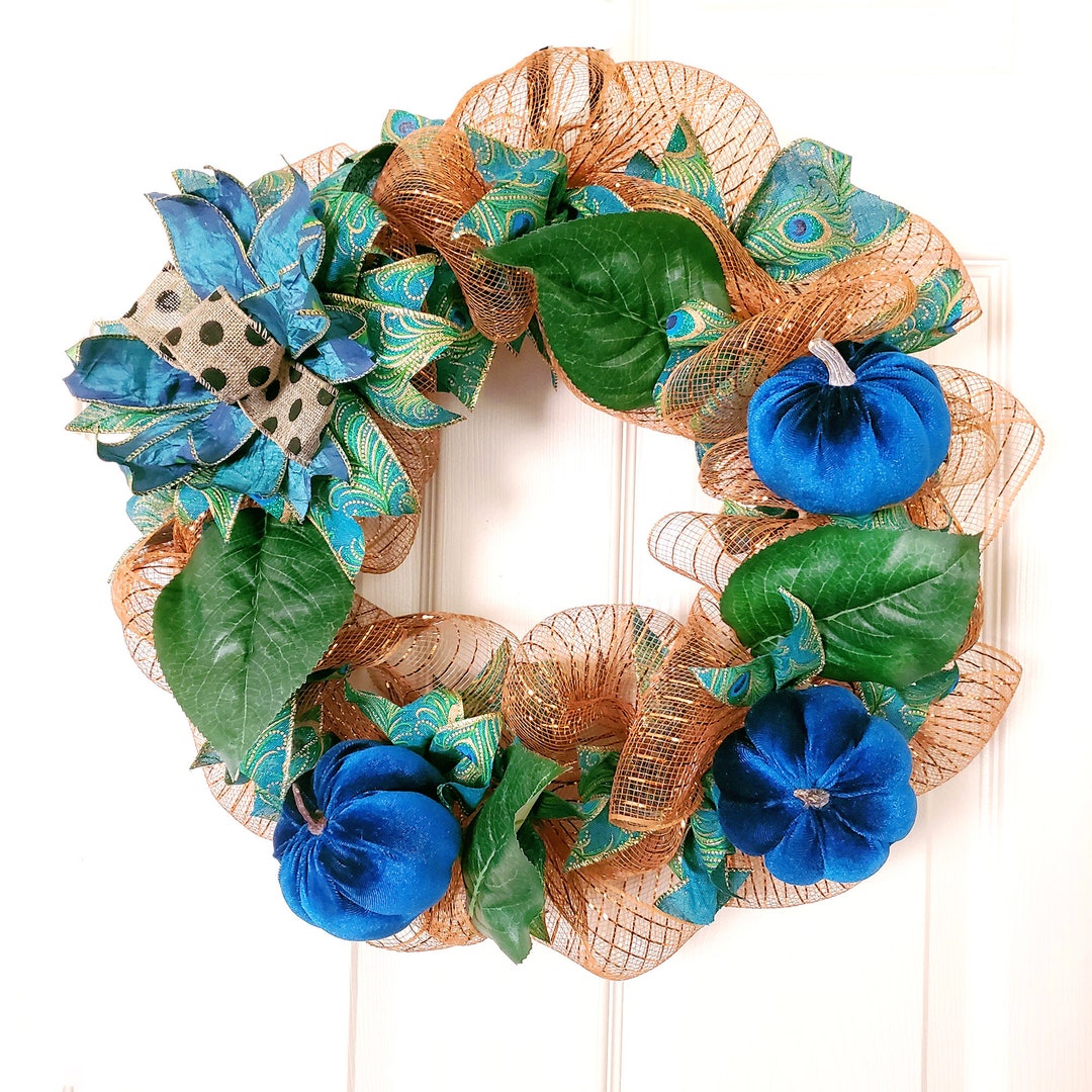 Blue Pumpkin Wreath, Autumn Wreath for the Front Door With Blue Velvet ...