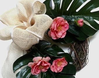 Tropical Spring Wreath, Island Wreath, Green Island leaves coral pink flowers, Hawaiian Wreath,Cream Burlap,Tropical Wreaths,Spring Hawaiian