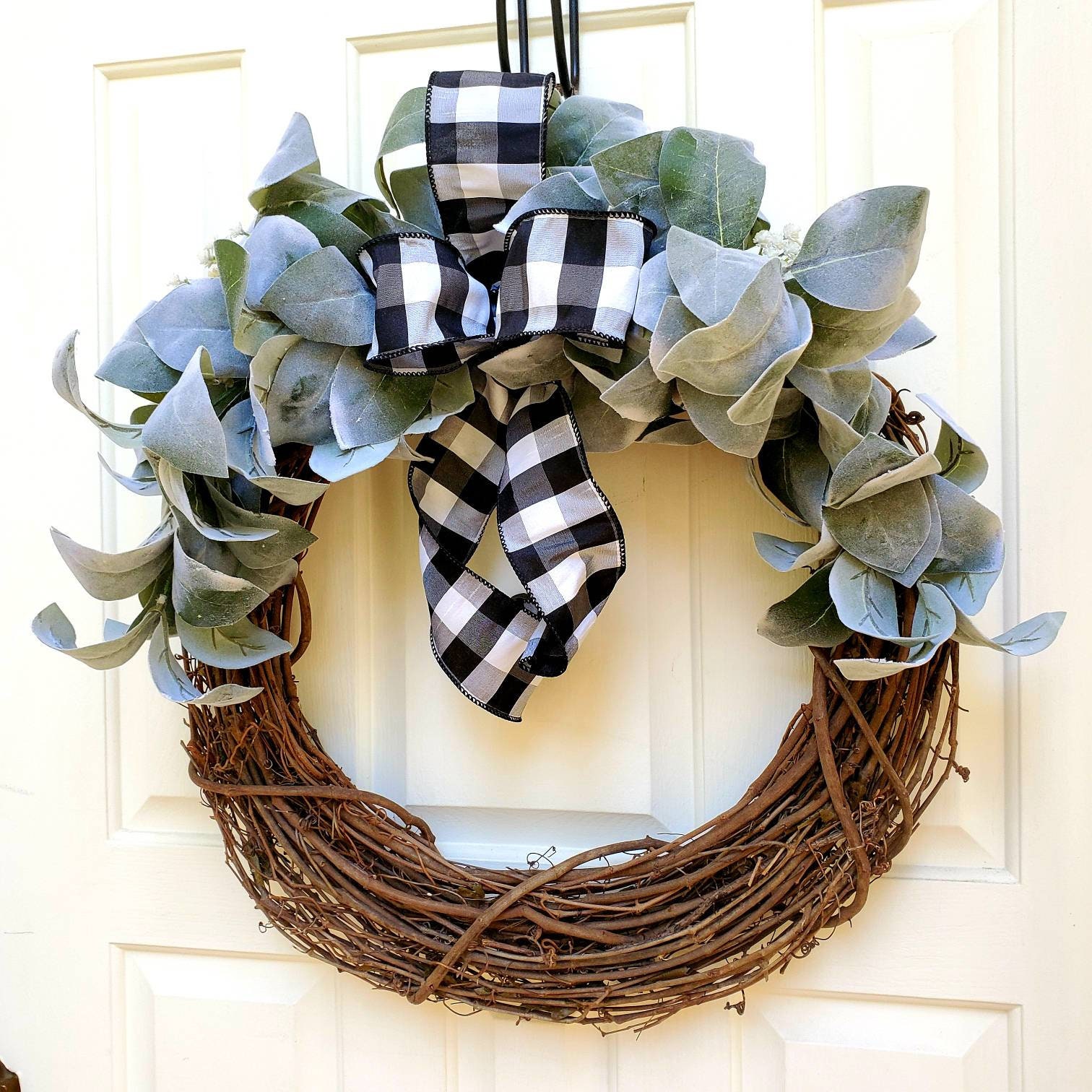 Front door wreath Black /& White Farmhouse Flower with Rustic Star Modern Farmhouse Wreath Buffalo Plaid Country Wreath