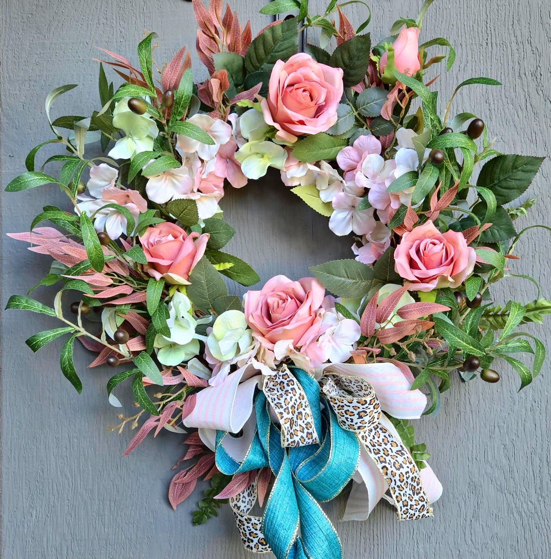 Rose Year Round Wreath, Everyday Wreath With With Peach Colored Roses ...