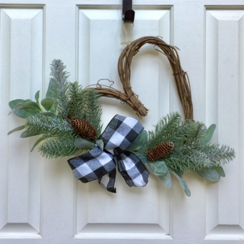 Heart Shaped Gift with Plaid and Pine Cones~Farmhouse style front door wreath with lambs ear~ Buffalo check black and white