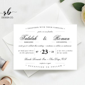 Plantilla editable de invitación de boda bilingüe, invitación DIY, invitación bilingüe, boda multicultural, quinceañera, atemporal, RB003