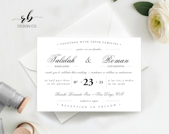 Editable Template Bilingual Wedding Invitation, DIY Invitation, Two language Invitation, multi cultural wedding,Quinceañera, Timeless, RB003