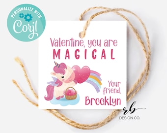 Valentines Day Tag, Unicorn Tag, Magical Valentine, Valentine Gift Tag, Kids School Party Tag, Editable with Corjl, Instant Download VAL001