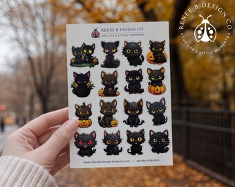 Cute Black Cat Stickers, Set of 16 Halloween Cat Stickers, Spooky Kitten Sticker Sheet, Planner Journal Stickers, Cat Lover Gift HAL018
