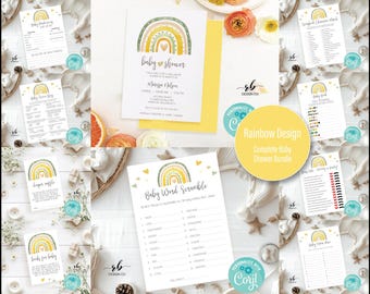 Rainbow Baby Shower Combo, 10 Baby Shower Games, Editable Baby Shower Invitations and Games, Corjl Template, Printable DIY, BBS003