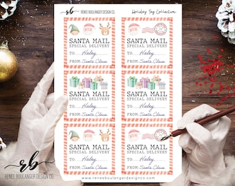 Santa Mail To From Tags with Santa Signature | Watercolor Christmas Gift Tags | North Pole Labels | Personalized Children’s Names Option