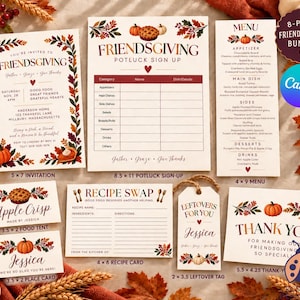 May include: An 8-piece Friendsgiving bundle featuring an invitation, potluck sign-up sheet, menu, food tent, recipe card, leftover tag, and thank you card. Each item displays autumn-themed foliage, pumpkins, and text including Friendsgiving.