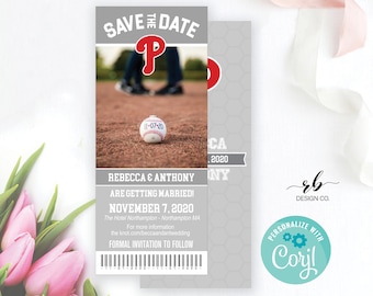 May include: Save the date wedding invitation with a baseball theme. The invitation features a baseball, a baseball field, and the Philadelphia Phillies logo. The text on the invitation reads "Save the Date", "Rebecca & Anthony Are Getting Married", "November 7, 2020", "The Hotel Northampton - Northampton MA", "For more information theknot.com/beccaandantwedding", and "Formal Invitation to Follow".