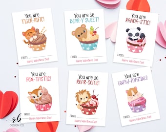 Printable Cupcake Valentine's Day Cards, Cute Animal Valentine Cards, Classroom Valentine's Day Cards for Kids, Instant Download, VAL002