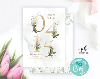 Floral Save the Date, Eucalyptus Save the Date Gold Foil, Editable save the date, Modern Save the Date, Instant Download, DIY Wedding