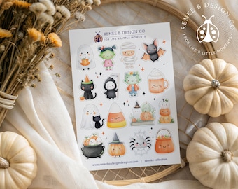 Cute Halloween Stickers, Set of 16 Watercolor Spooky Characters, Classroom Treat Bag Favors, 5x7 Sticker Sheet HAL020