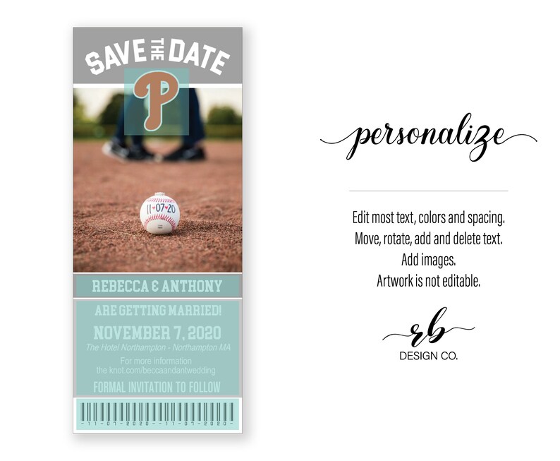May include: A baseball-themed save the date announcement with a photo of a couple standing on a baseball field. The announcement features a baseball with the date "11-07-20" on it, and the text "Rebecca & Anthony are getting married! November 7, 2020 The Hotel Northampton - Northampton MA For more information theknot.com/beccaandantwedding Formal invitation to follow".