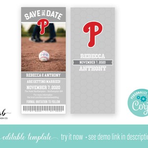 May include: A gray and white save the date card with a baseball theme. The card features a baseball with the date "11-07-20" on it. The text "Save the Date" is at the top of the card, and the text "Rebecca & Anthony are getting married!" is in the middle of the card. The text "November 7, 2020" is at the bottom of the card. The card also features a baseball bat and a baseball glove.