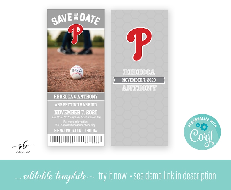 May include: A gray and white save the date card with a baseball theme. The card features a baseball with the date "11-07-20" on it. The text "Save the Date" is at the top of the card, and the text "Rebecca & Anthony are getting married!" is in the middle of the card. The text "November 7, 2020" is at the bottom of the card. The card also features a baseball bat and a baseball glove.