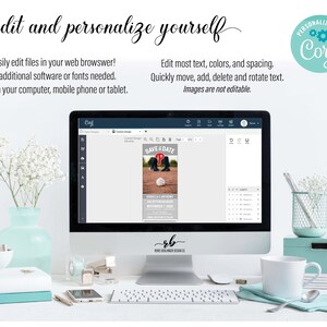 May include: A computer screen displaying a baseball-themed save the date card design template. The template is customizable with text, colors, and spacing. The text on the card reads "Save the Date" and features a baseball diamond with a baseball and two figures in baseball uniforms. The screen is open in a web browser with a toolbar and a menu bar. The text "PERSONALIZE WITH Coryl" is visible in a circle with a gear icon in the upper right corner of the image.