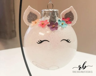 Unicorn Christmas Ornament | 3.25" Glitter Ball with Pastel Flowers & Clay Horn | White or Silver Sparkle | Holiday Gift Box Included |ORN02