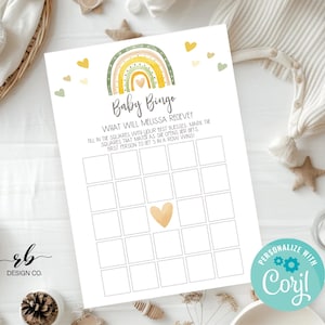 Jeu de bingo modifiable pour baby shower, cadeau de bingo pour bébé, baby shower arc-en-ciel, modèle Corjl, bricolage imprimable, BBS003