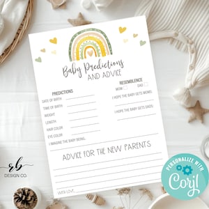 Jeu de prédictions de bébé modifiable, conseils et souhaits pour les futurs parents, baby shower arc-en-ciel, modèle Corjl, imprimable DIY, BBS003