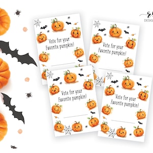 May include: Four Halloween-themed cards with the text "Vote for your Favorite pumpkin!" are surrounded by orange pumpkins, black bats, and spider decorations. The cards feature smiling pumpkin illustrations.