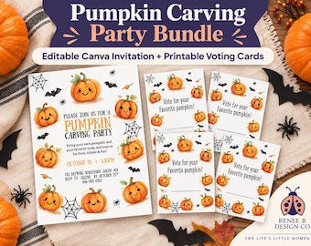 Pumpkin Carving Party Bundle, Editable Canva Invitation + Printable Voting Cards, Halloween Party Game, Kawaii Pumpkin Download HAL021